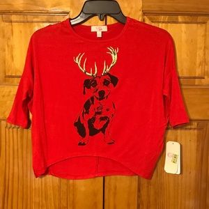 GB Girls Stretch Blouse w/ Smiling Dog & Deer Horns
NWT
3/4 Sleeve & Longer Back